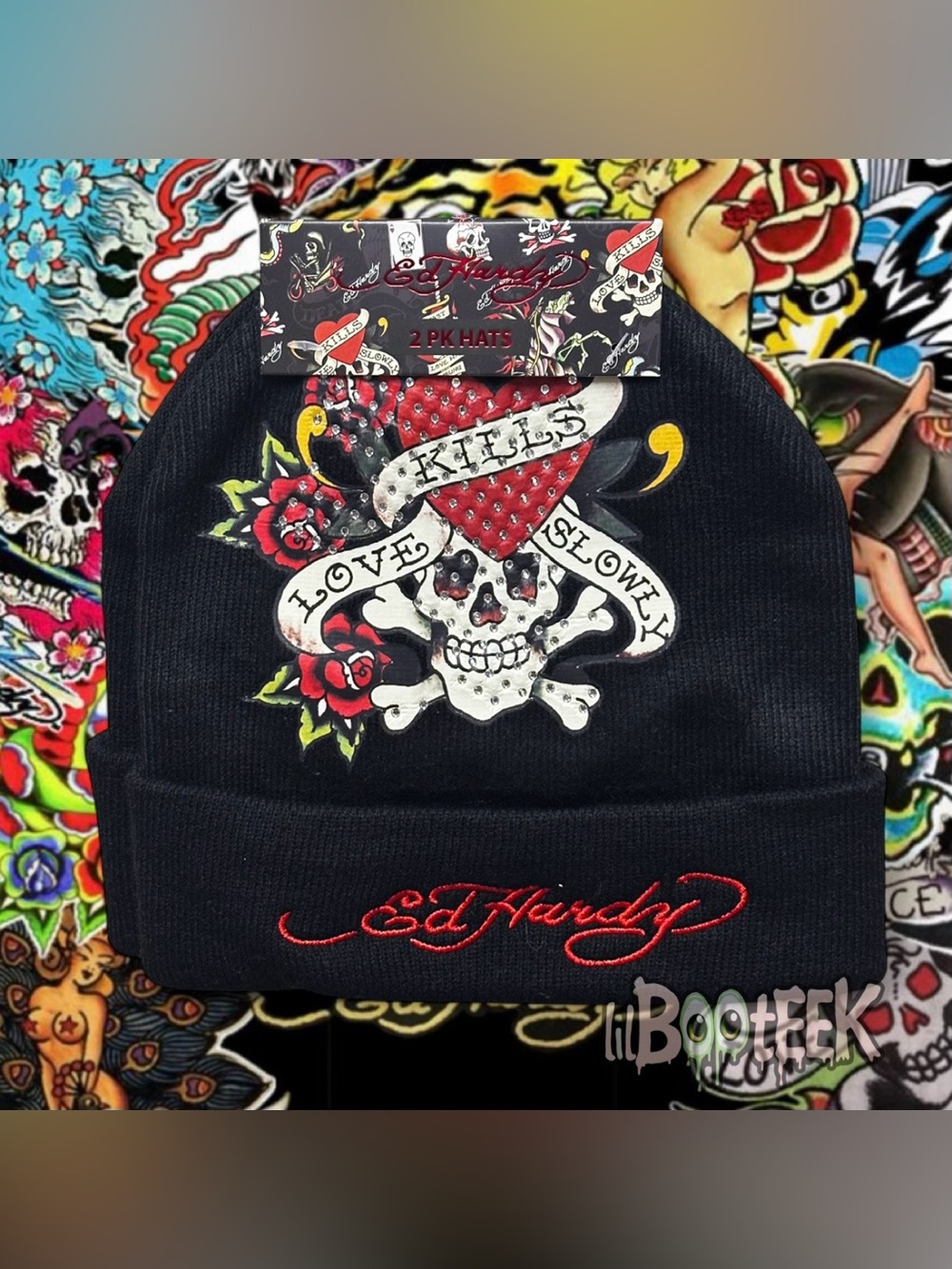 Ed Hardy Set of 2 Black Beanies Rhinestone Love Kills Skull Logo & Tiger Y2K